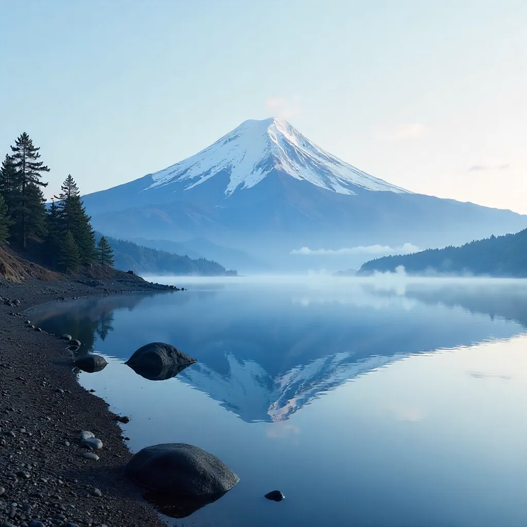 Mt. Fuji Reflected in a Tranquil Lake under a Clear Sky