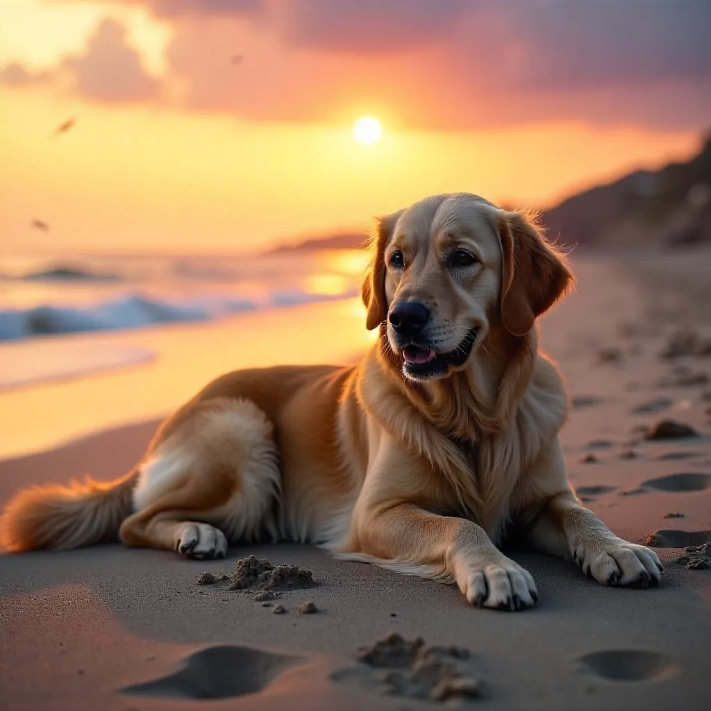 Golden Retriever at Sunset on Sandy Beach
