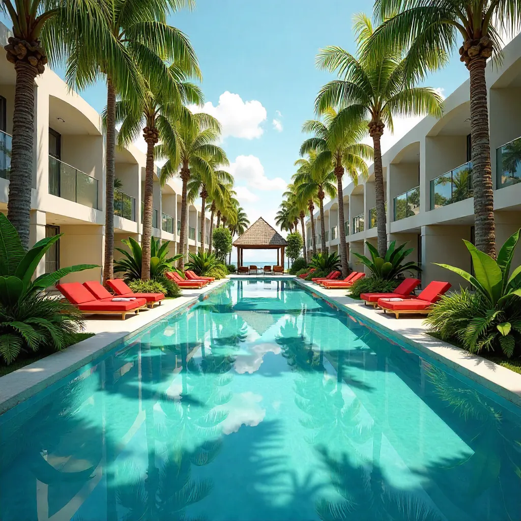 Tranquil Resort Pool with Greenery and Red Loungers