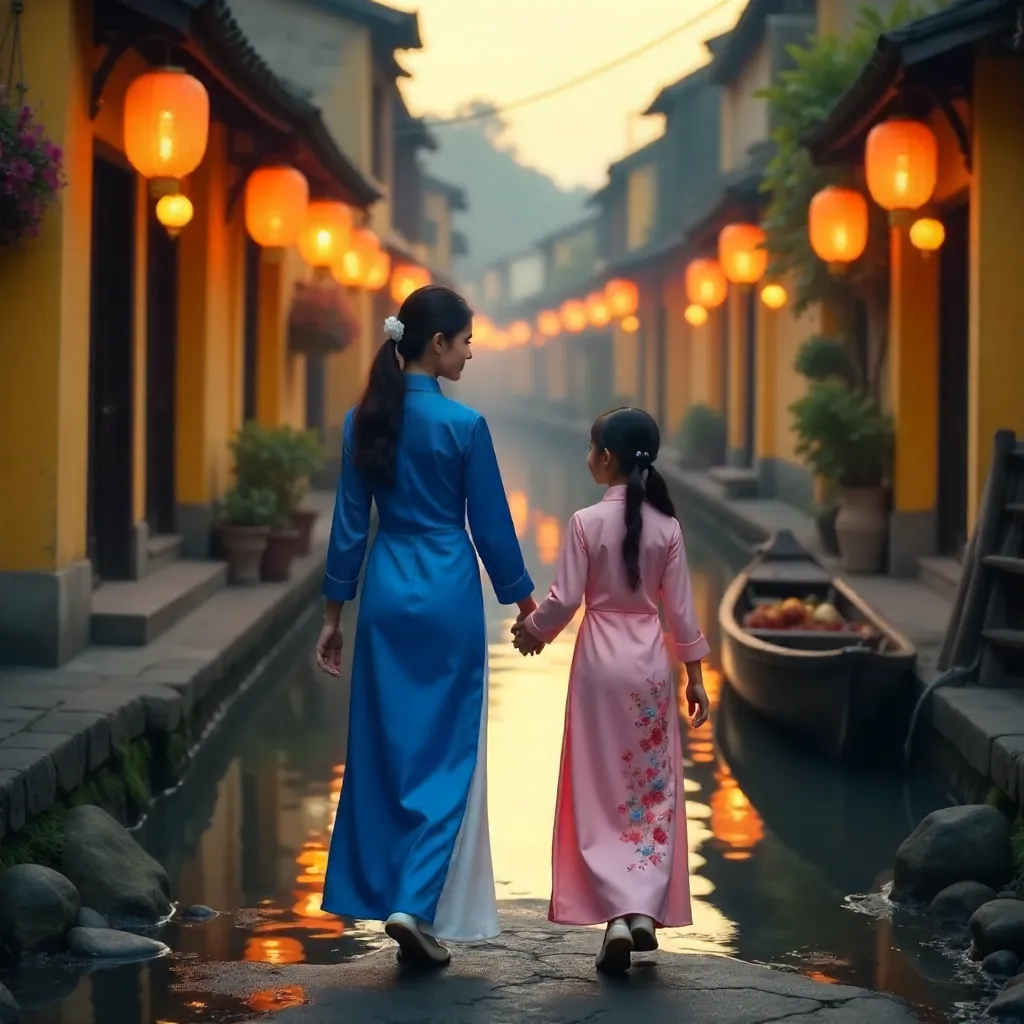Ao Dai Mother and Daughter in Hoi An Lanterns