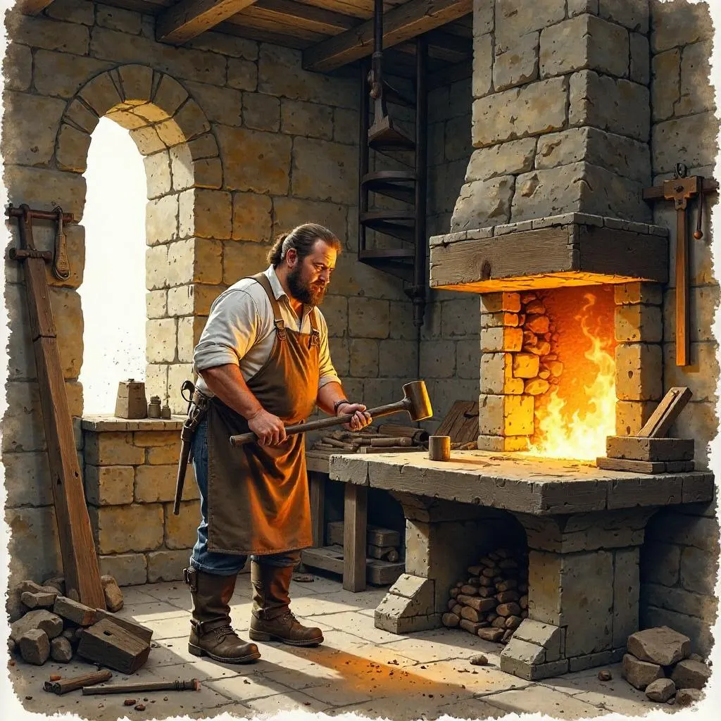 Watercolor Blacksmith in a Tower
