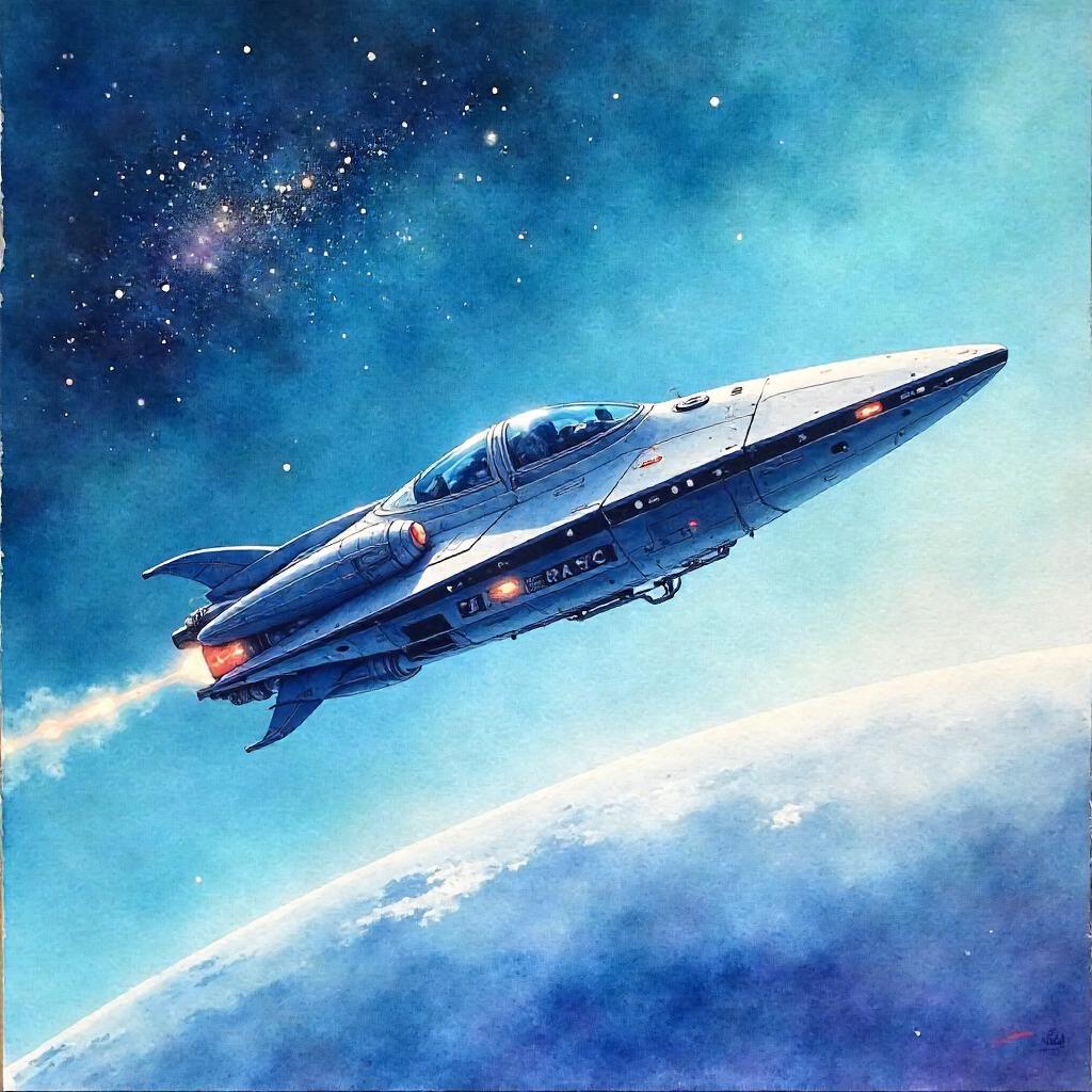 Dreamy Watercolor Spaceship in a Quiet Outer Space