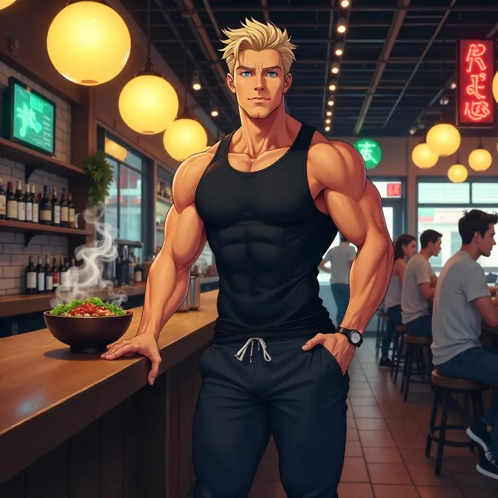 Athletic White Man in Anime-Style Restaurant