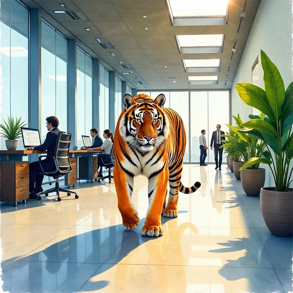 Watercolor Tiger in a Modern Office Lobby