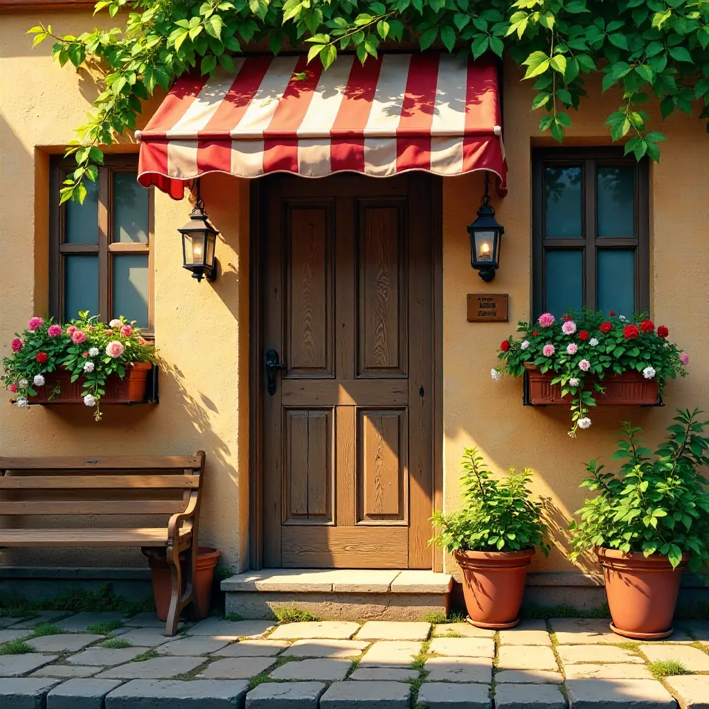 Sunny Rustic Doorway with Striped Awning and Plants
