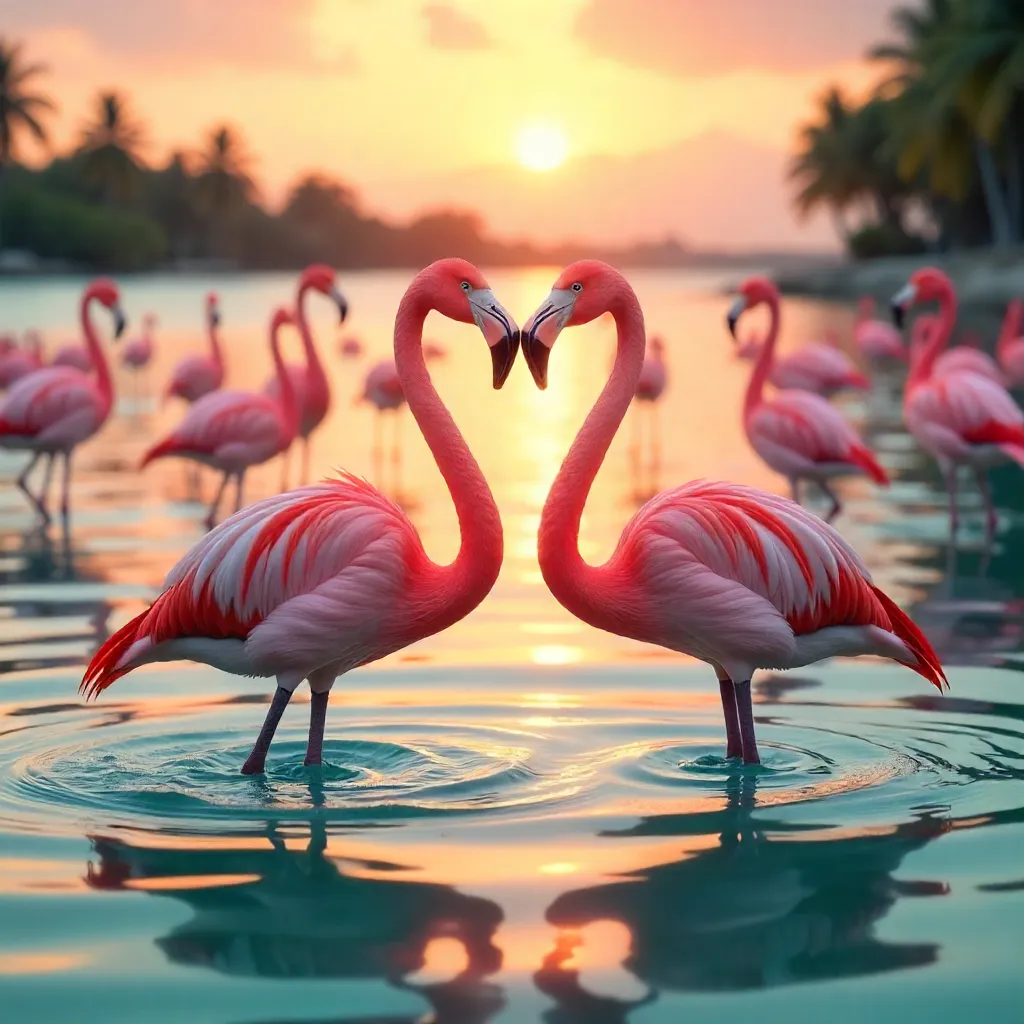 Two Flamingos Form a Heart as a Flock Circles