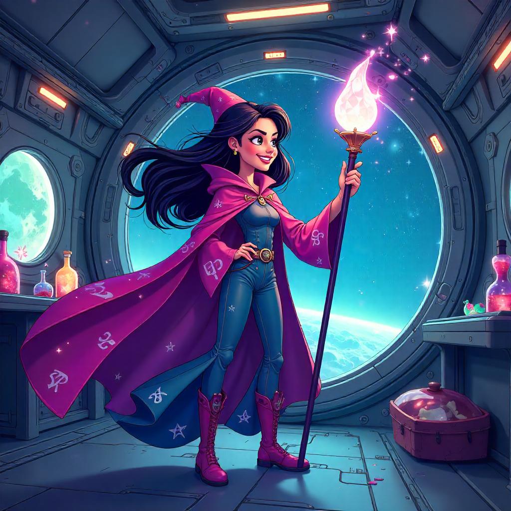 Cartoon Sorceress Aboard a Space Station