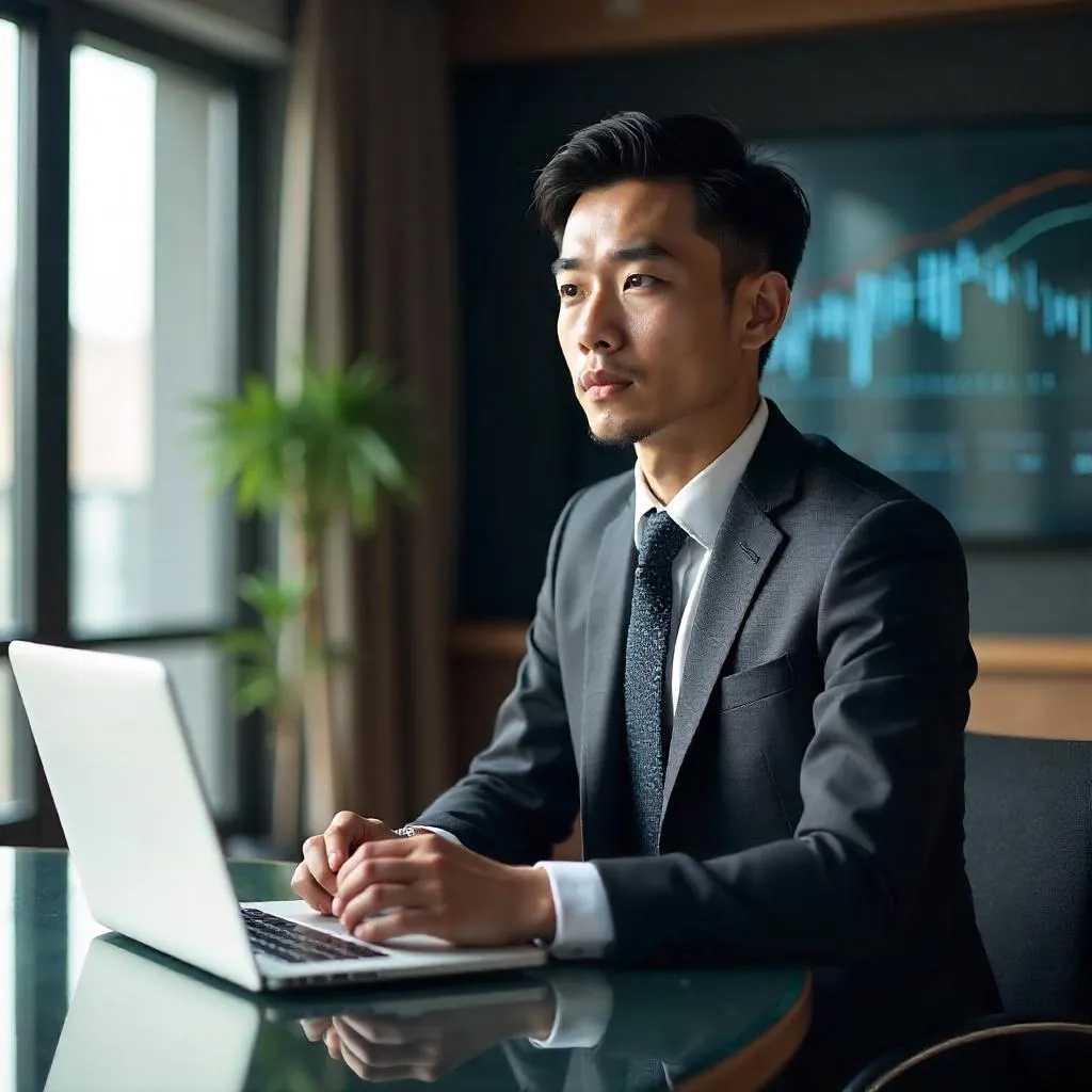 Photorealistic Young Asian Man in a Boardroom