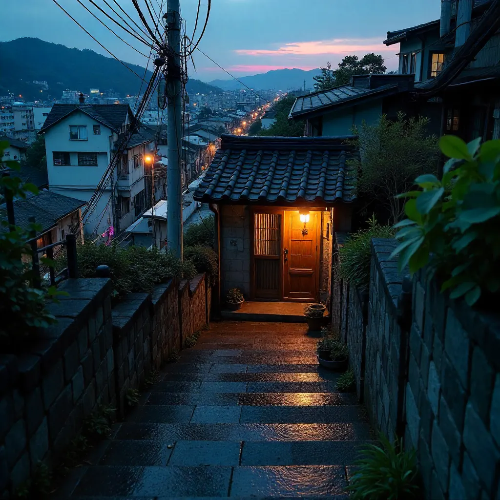 Twilight Stairs to a Seoul Neighborhood Home