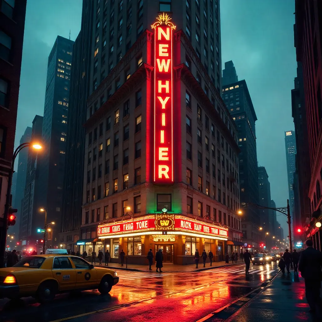 Neon Red Sign Over The New Yorker Hotel, Manhattan