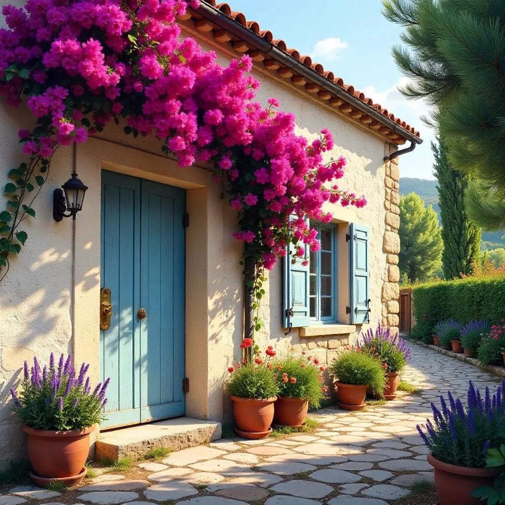Cozy Provencal Cottage Facade with Bougainvillea