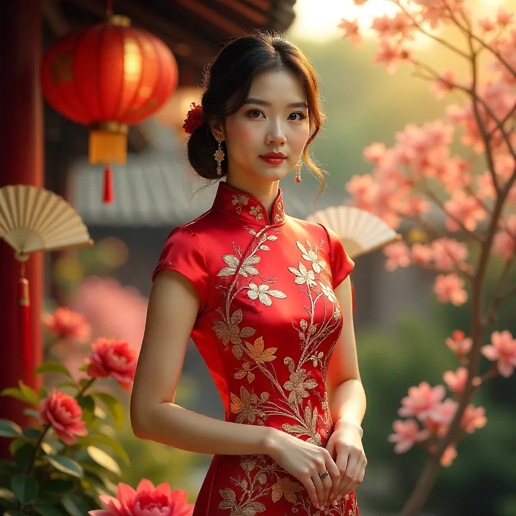 Red Attire Among Colorful Florals and Fans
