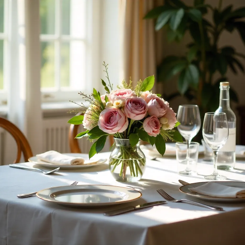 Elegant Dining Table with Floral Centerpiece and Water Bottle