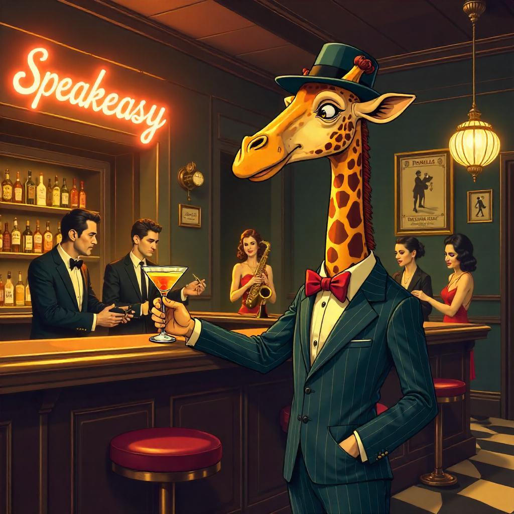 Giraffe in a 1920s Speakeasy Cartoon