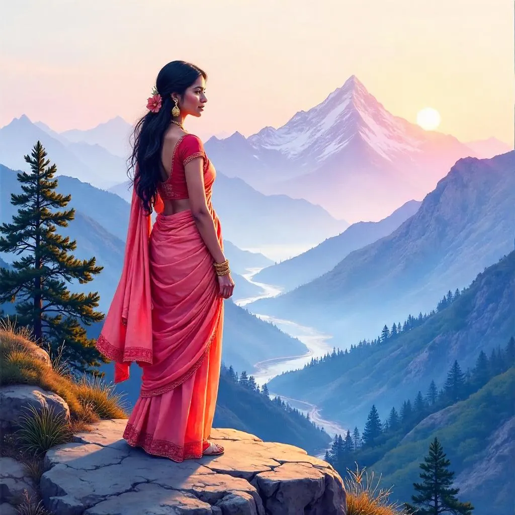 Watercolor Dawn in the Himalayas: A Young Indian Woman