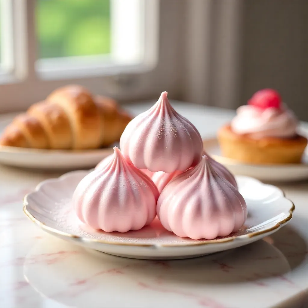 Pastel Pink Meringues Among Assorted Pastries