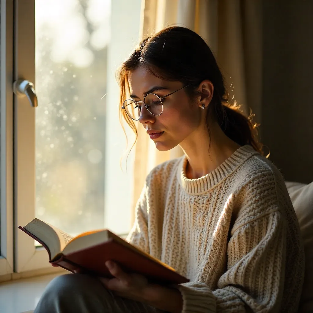 Window Light Reading: An Adult Woman in Glasses