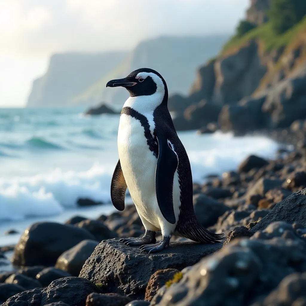 Humboldt Penguin on Rocky Shore in Soft Light