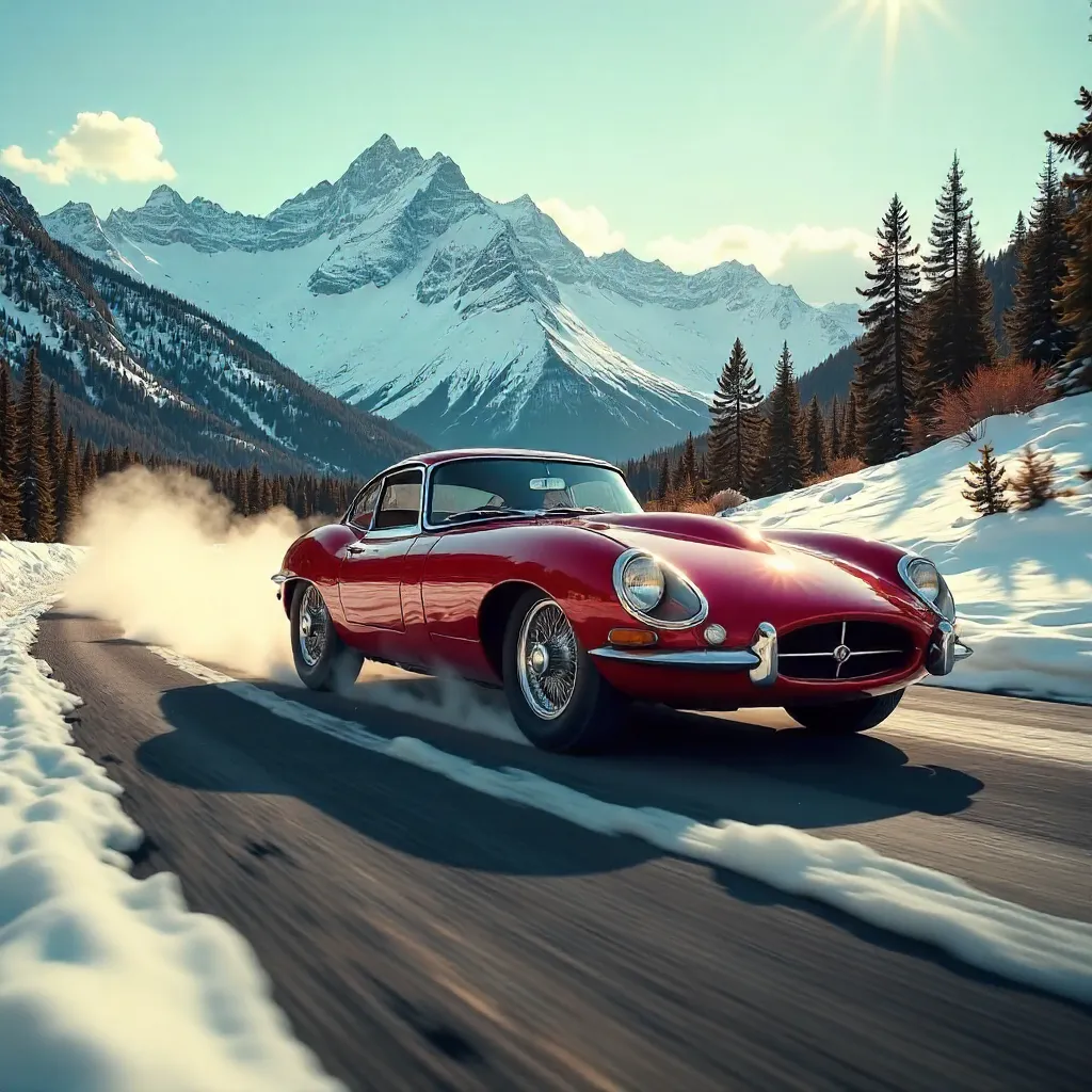Vintage Sports Car Racing by Snowy Mountain Ridge