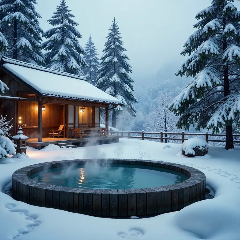 Snowbound Onsen Amid Winter Forest in Japan