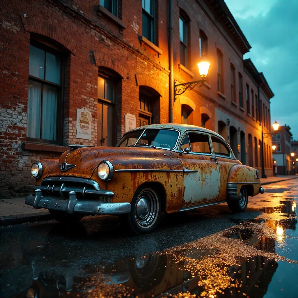 Rusty Vintage Car by Faded Signage at Dusk