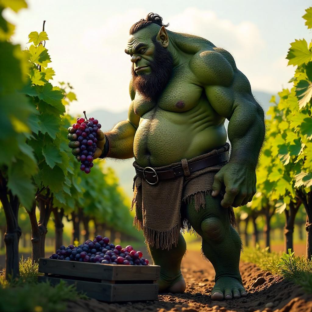 Ogre in a Sunlit Photorealistic Vineyard