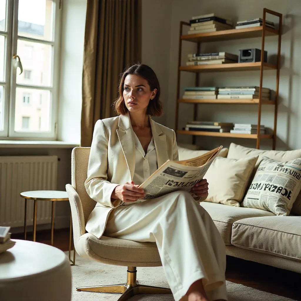 Newspaper-Chic: A Stylish Woman Reading in a Newsprint Room