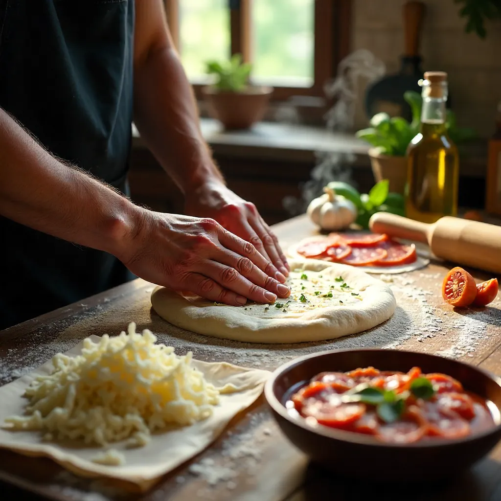 Fresh Pizza Dough: Sauce, Cheese, and Meat Toppings