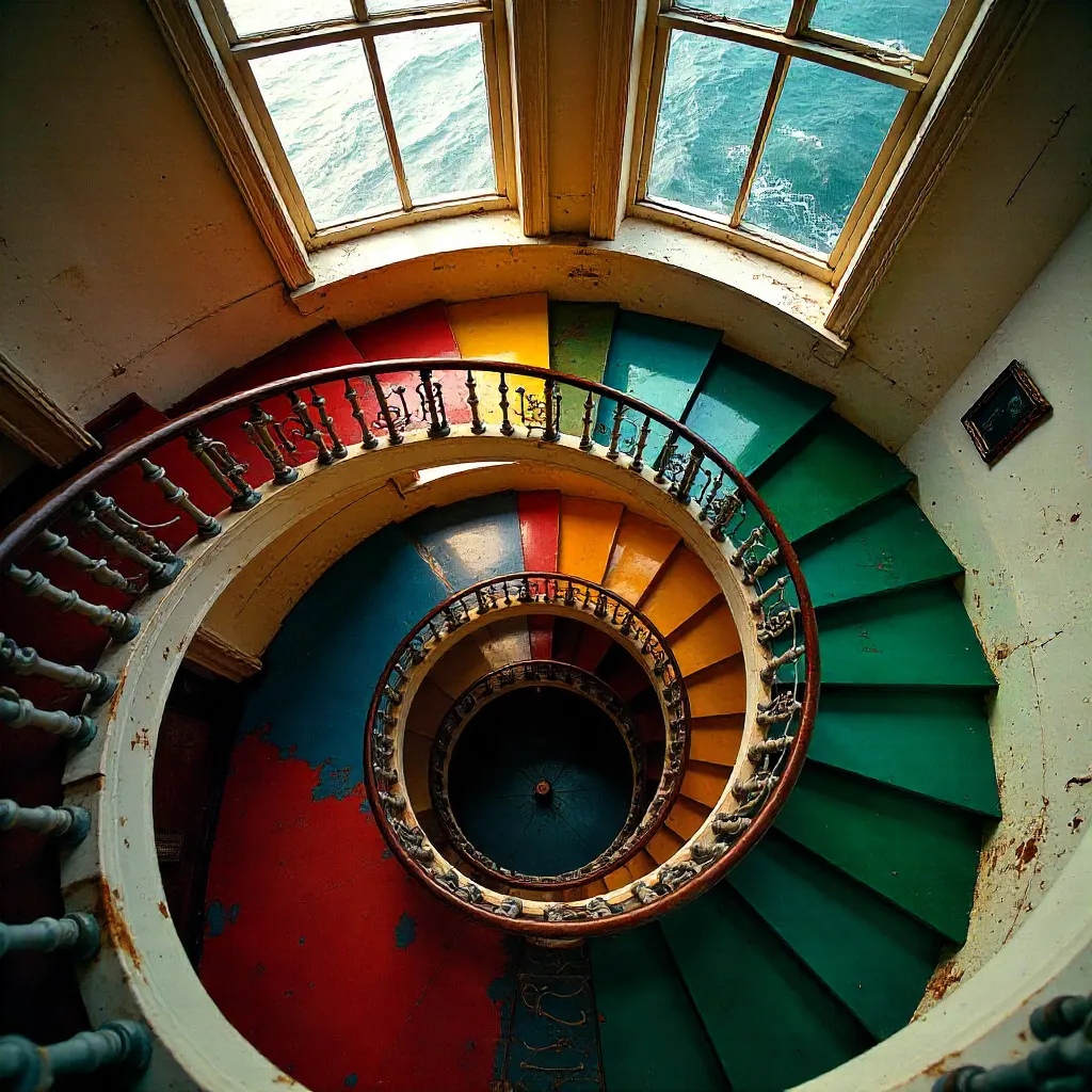 Vibrant Spiral Staircase in Lighthouse, Seen from Below