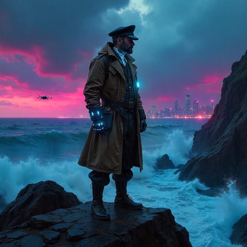 Cyberpunk Sailor on a Neon Rocky Outcrop