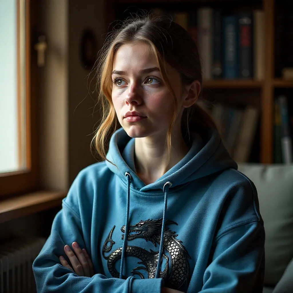 Thoughtful Woman in a Dragon Hoodie Indoors