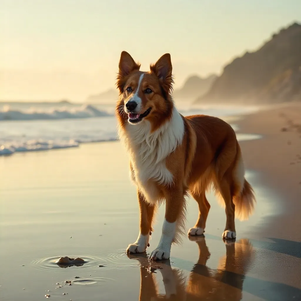 Brown Border Collie on a Deserted Beach at Dusk
