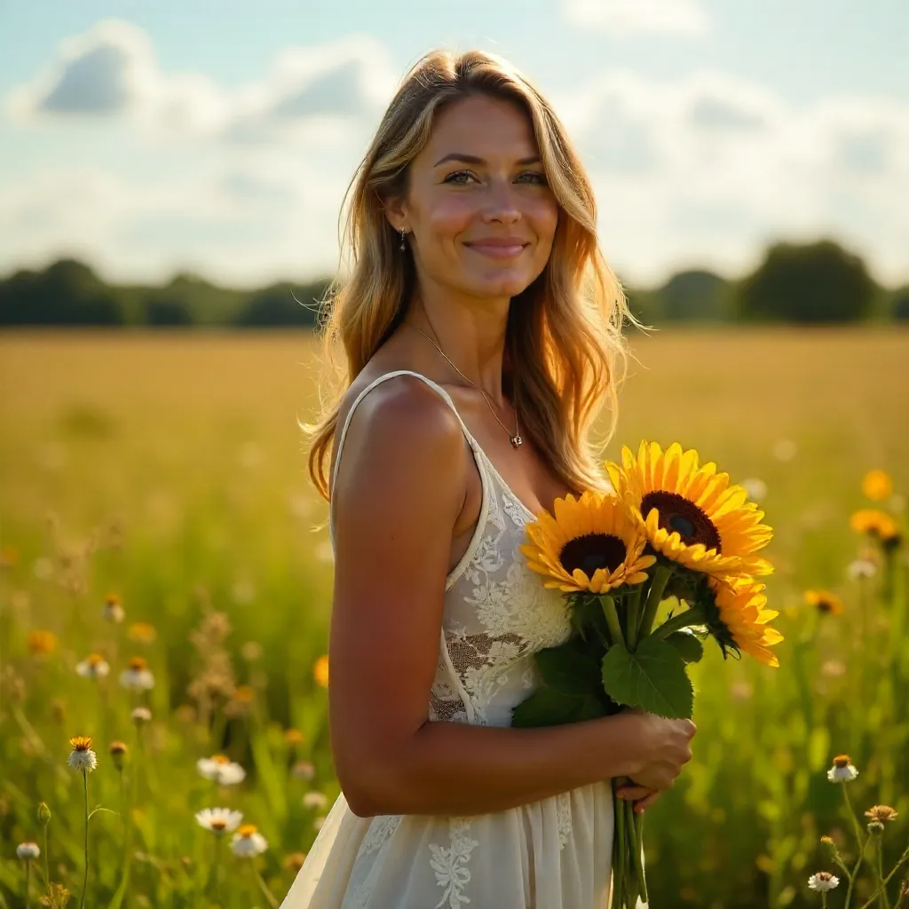 Sunlit Lace Dress in a Sunflower Meadow