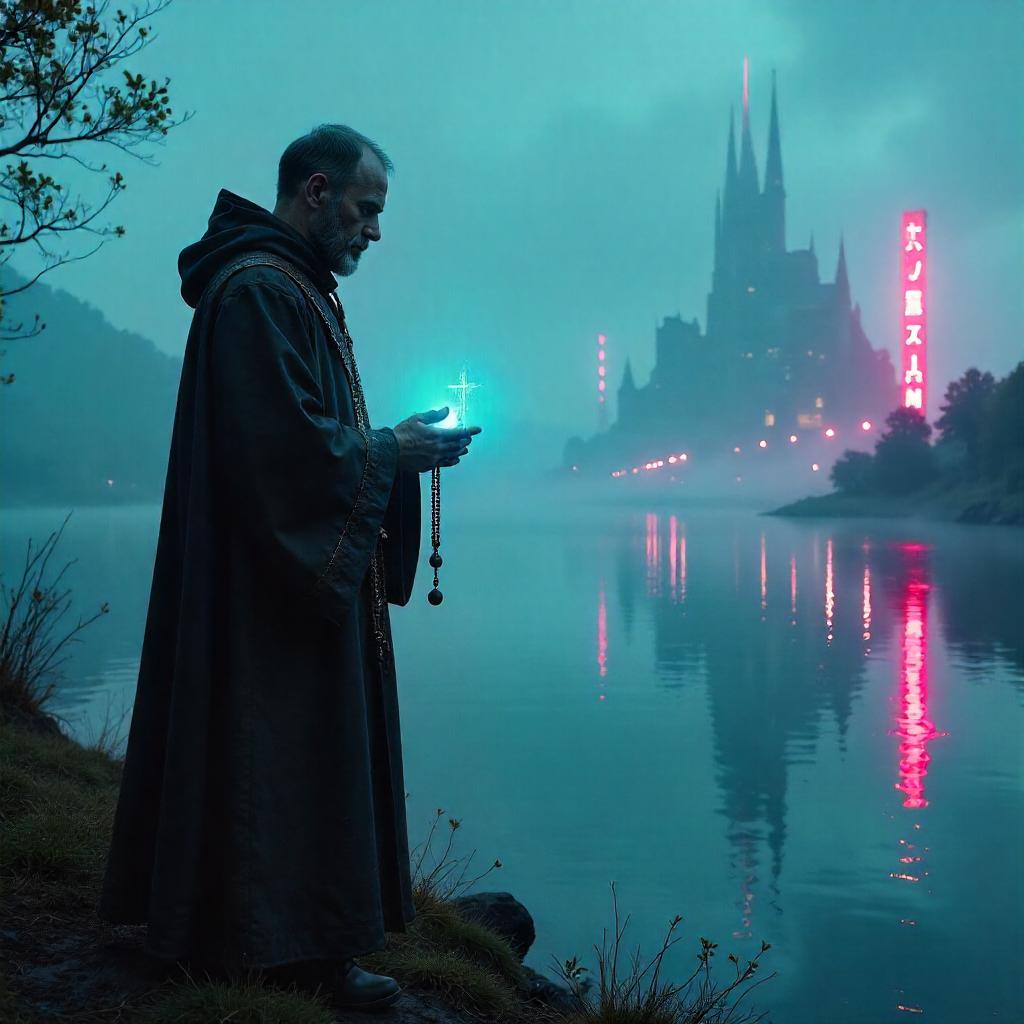 Neon Priest by the Lake: A Cyberpunk Reverie