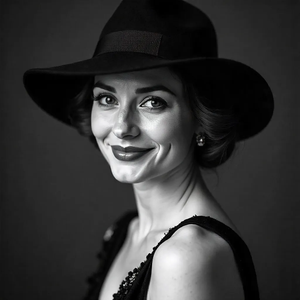 Smiling Woman in Hat: Classic B&W Portrait