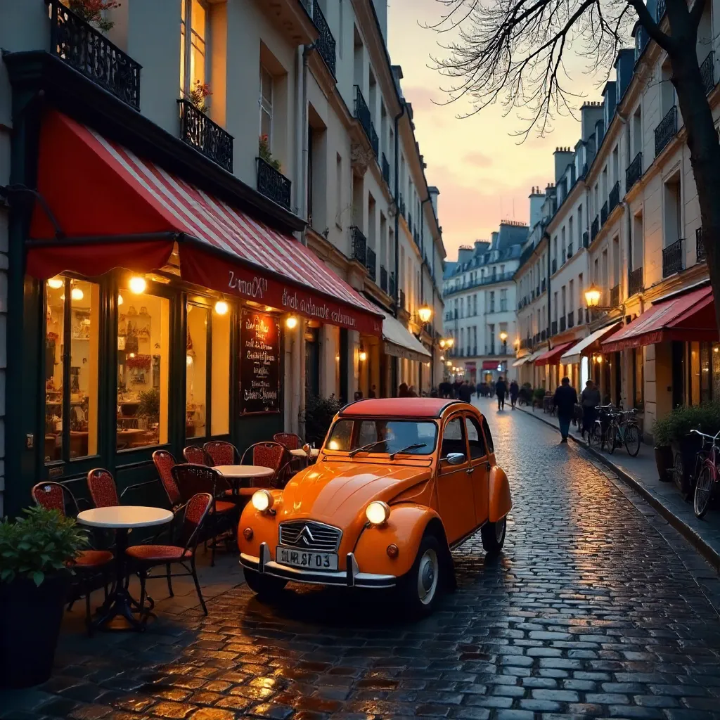 Paris Dusk: Vintage Orange Car by a Cozy Bistro