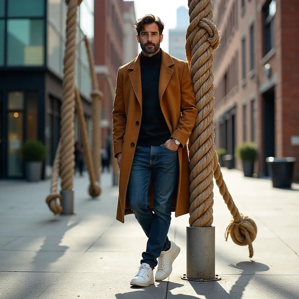 Urban Portrait: Man in Brown Coat by Rope Installation