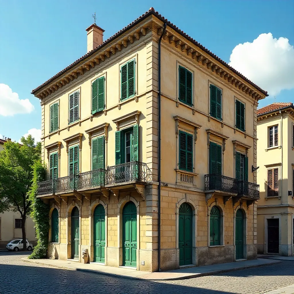 Green-Shuttered European Facade under a Clear Sky