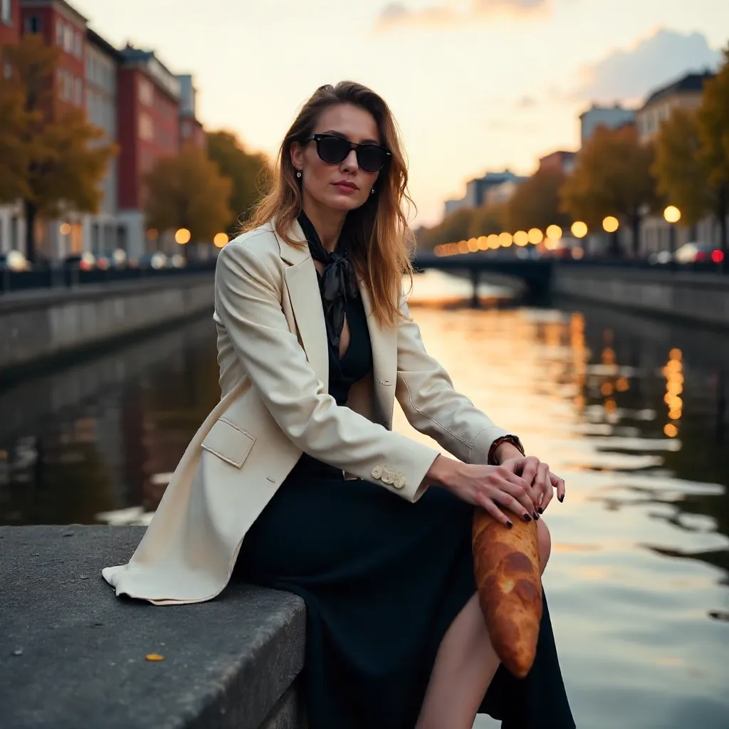 Urban Tranquility: Chic Woman by the Riverside