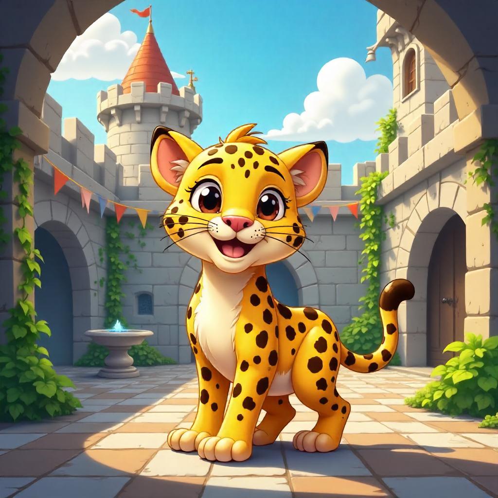 Playful Leopard in a Sunlit Castle Courtyard