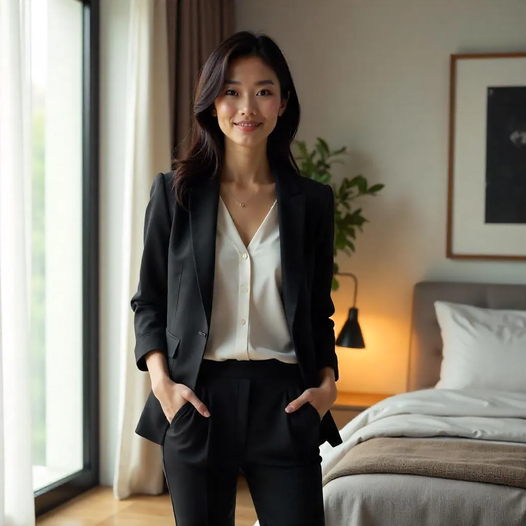 Confident Asian Woman in a Modern Bedroom
