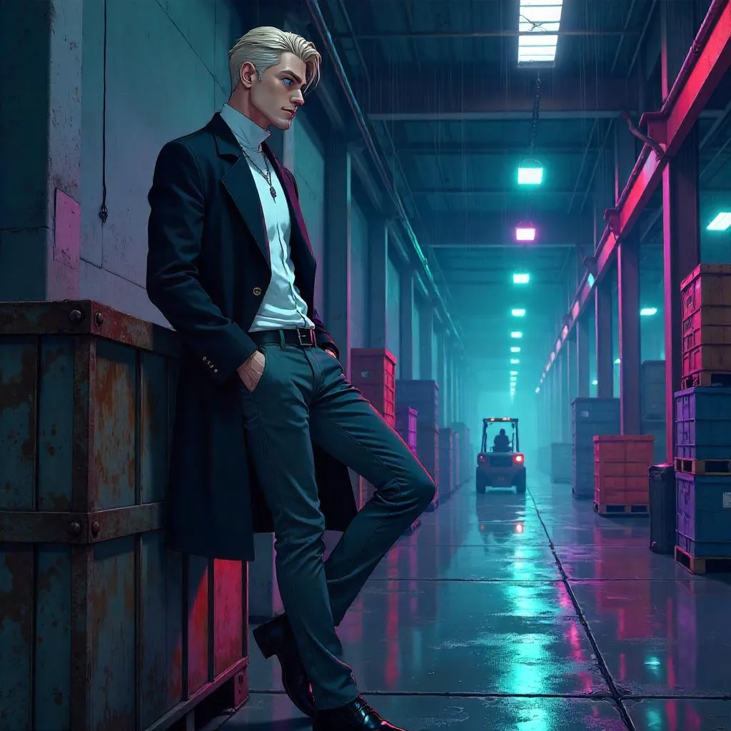 Stylish White Man in an Anime Warehouse Noir