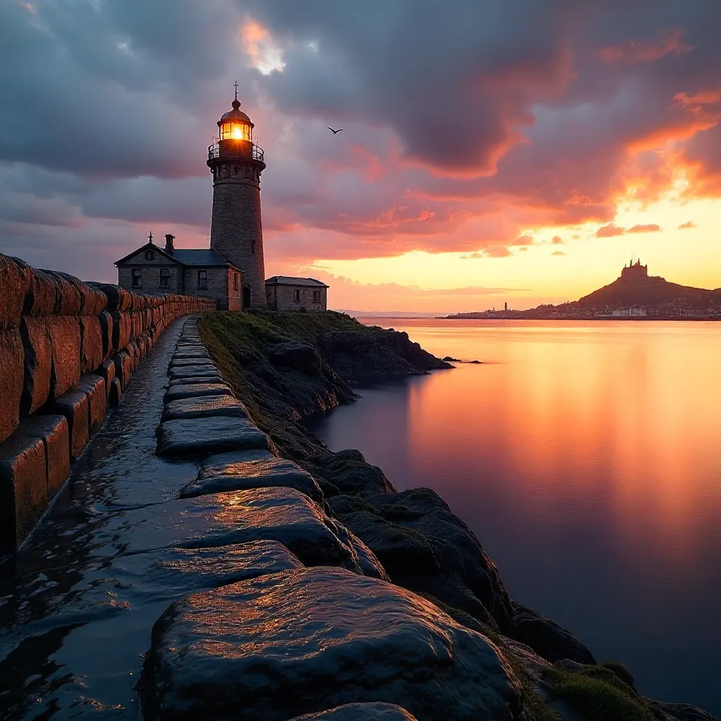 Sunset Lighthouse Over Edinburgh: Calm Firth Reflections