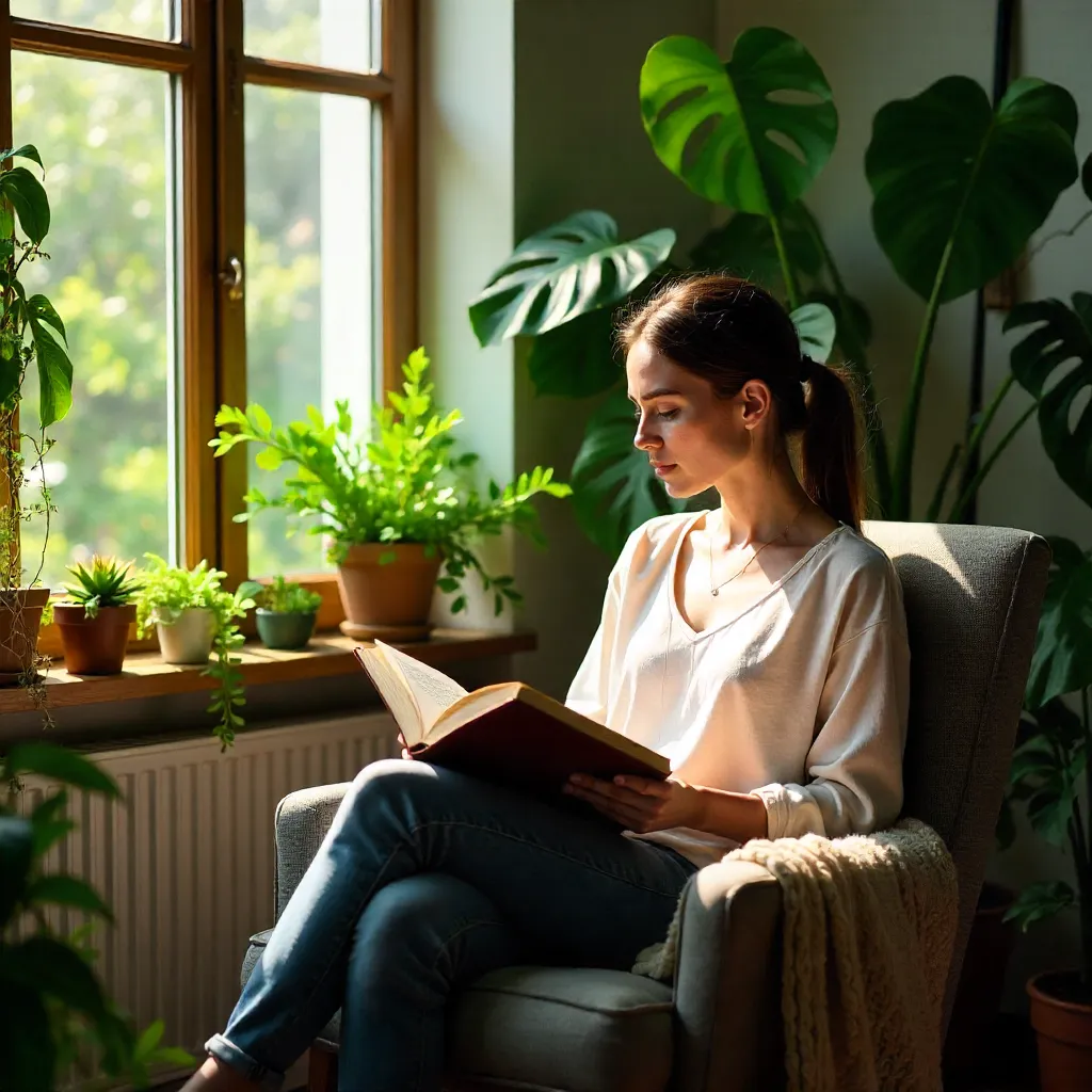 Sunlit Window Reading Among Indoor Plants