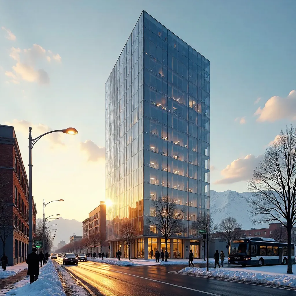 Sunlit Reflections on a Modern Office Tower in Ulaanbaatar