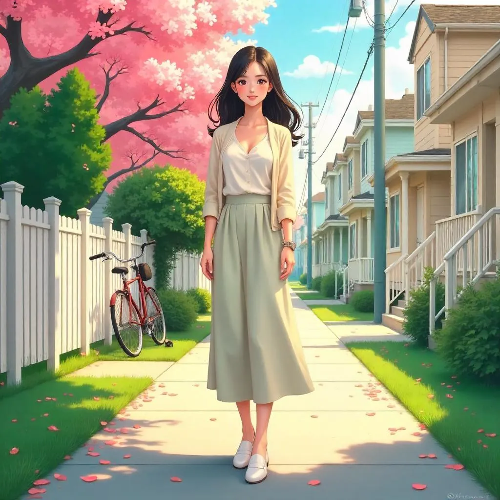 Elegant Asian Woman in a Suburban Anime Scene