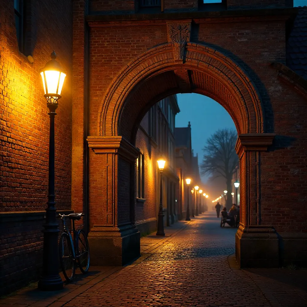 Illuminated Gothic Brick Arch in Utrecht at Night
