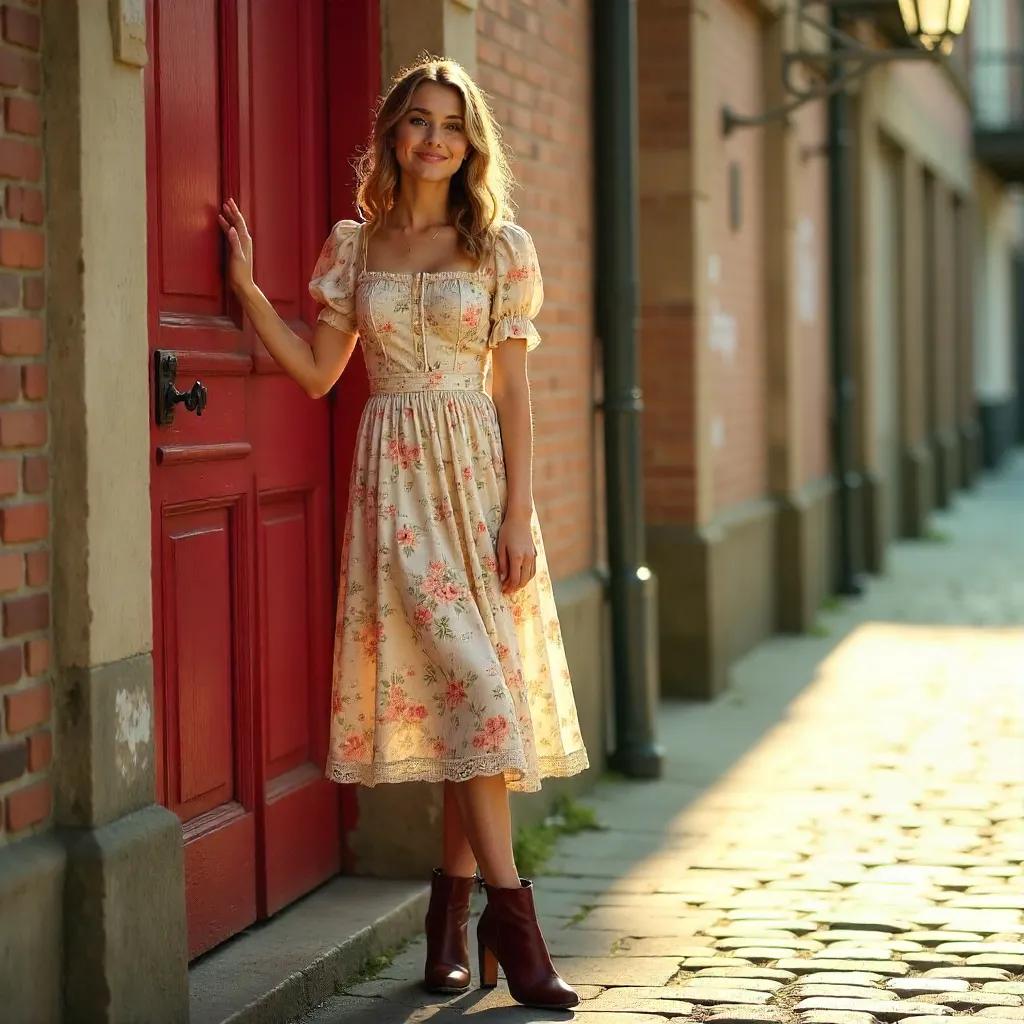 Charming Woman by a Red Door in Vintage Floral Dress