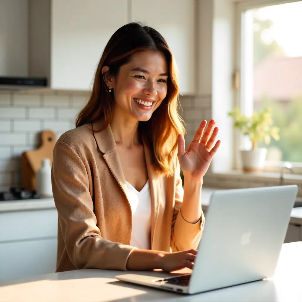 Smiling Woman Waving on Video Call at Kitchen Counter
