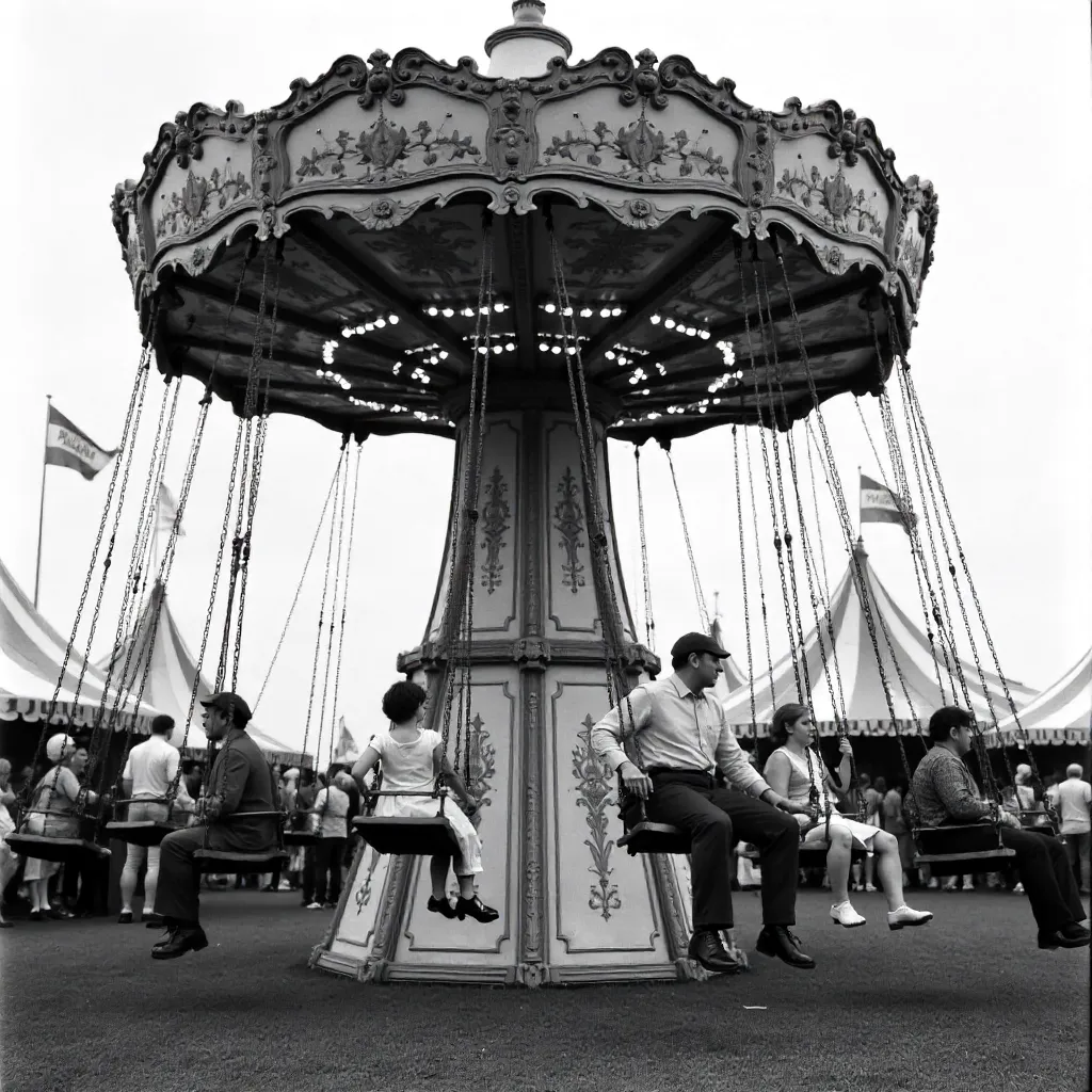 Nostalgic German Carnival Swing Ride in Black and White